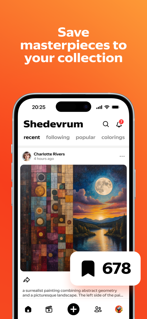 Shedevrum - Interface do aplicativo Shedevrum mostrando uma pintura surrealista gerada por IA com um ícone de marcador para salvar em uma coleção