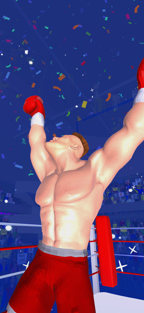 A muscular boxer celebrating a win in the ring with falling confetti