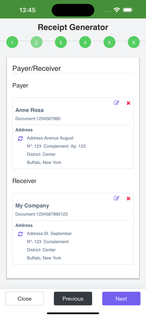 Receipt Generator v2 - App screen for entering payer and receiver information during the receipt generation process