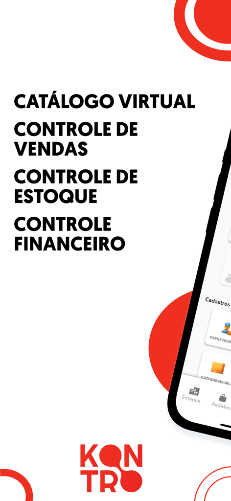 Controle de estoque - Kontro - Kontro-Mobil-App-Marketingbildschirm, der virtuelle Katalog- und Bestandsverwaltungsfunktionen anzeigt