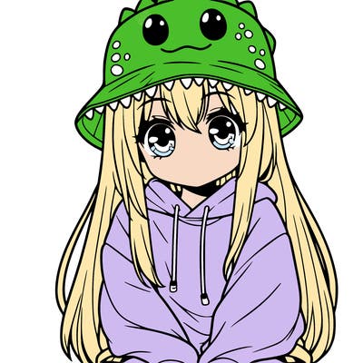 girl with anime shaped eyes with a dinosaur bucket hat oversized sweatshirt long straight hair