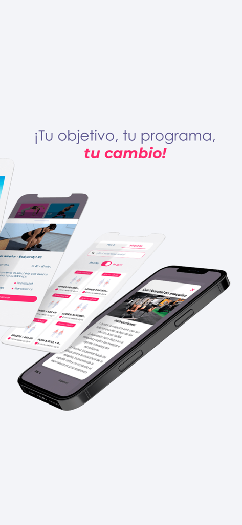 Mobile screens from the FTN fitness app showing workout programs and instructional content in Spanish