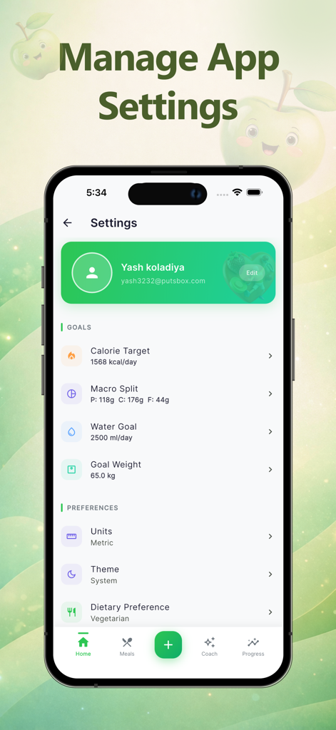 Nutoriq - AI Calorie Tracker - Nutoriq app settings screen showing calorie targets macro splits and dietary preferences