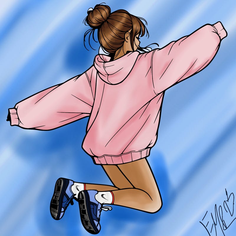 realistic girl jumping with a bun and oversized sweatshirt
