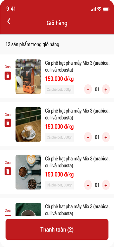 Chợ Cà Phê - Mobile app shopping cart screen for Cho Ca Phe showing coffee bean products and a checkout button