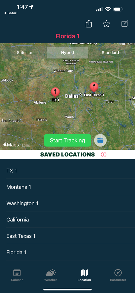 Fishing Solunar Calendar - Interface cartographique de l'application Calendrier Solunaire de Pêche montrant les lieux de pêche sauvegardés et la fonction de suivi GPS