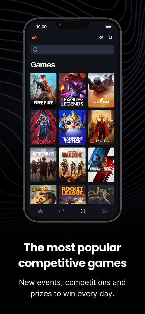 Challengermode app screen showing a library of popular competitive games for eSports tournaments.