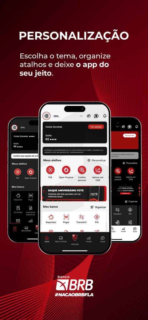 Nacao BRB FLA mobile banking app personalization screen showing dashboard customization with Flamengo branding