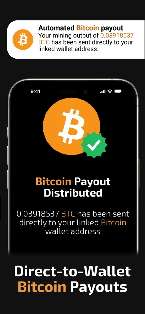 Smartphone-Bildschirm mit einer Bitcoin-Auszahlungsbestätigung und einem automatisierten Benachrichtigungsbanner