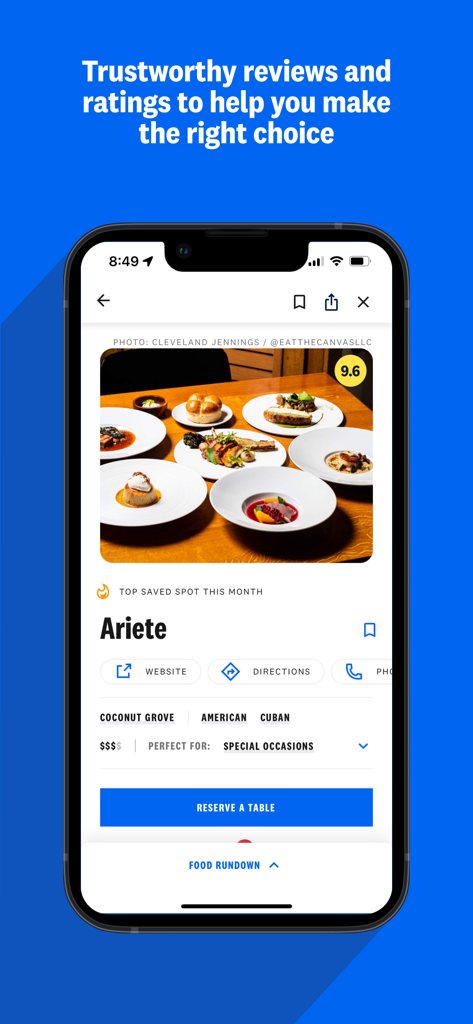 The Infatuation - The Infatuation app screen showing a 9.6 rated restaurant review for Ariete with gourmet food photos and a reservation button.