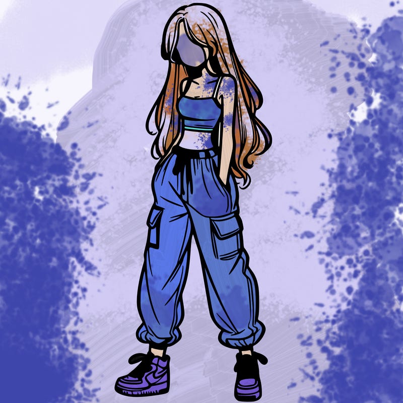girl in baggy pants crop top and long hair