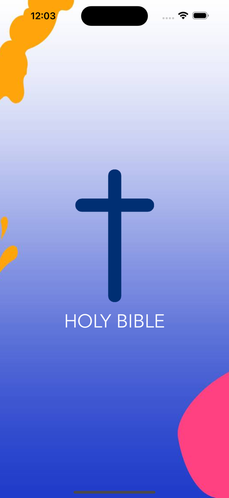 Holy Bible - Offline - Splash screen of the Holy Bible Offline app featuring a dark blue cross and the title Holy Bible on a blue gradient background