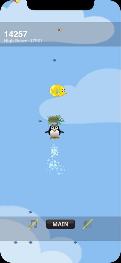 Peppy The Penguin Airborne - Peppy der Pinguin springt durch einen blauen Himmel und sammelt Fische