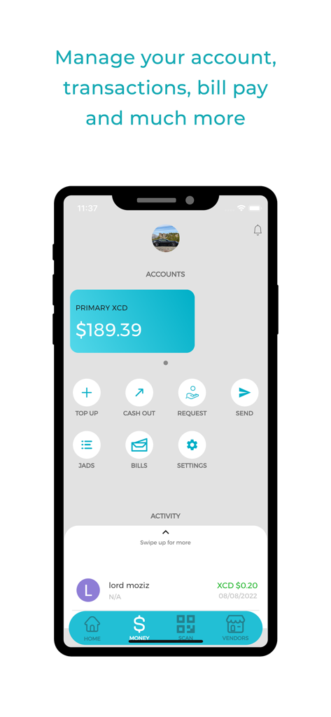 JAD Cash - JAD Cash mobile app dashboard showing account balance and financial transaction features