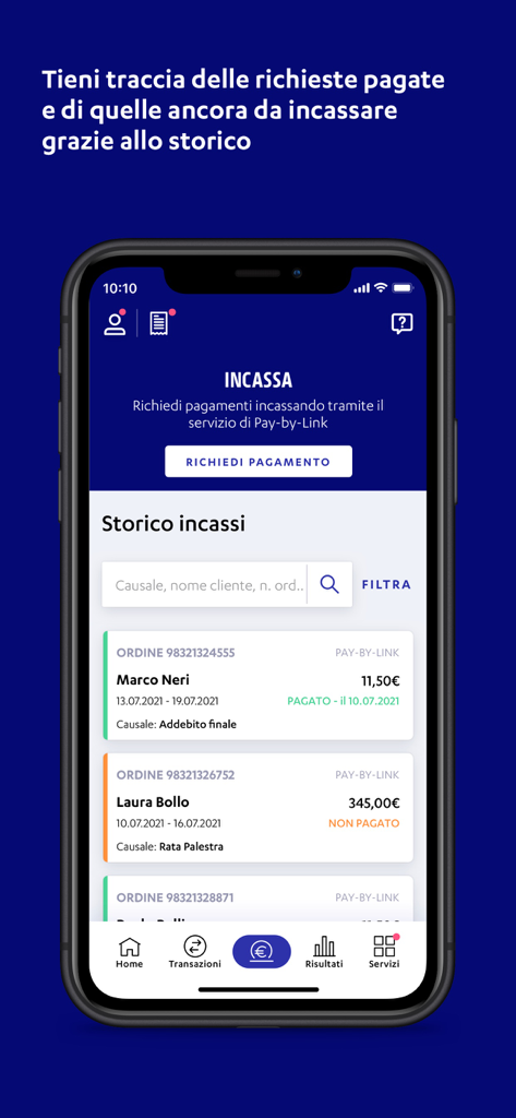 Schermata dell'app Nexi Business che mostra la cronologia delle transazioni Pay-by-Link pagate e non pagate per una piccola impresa.