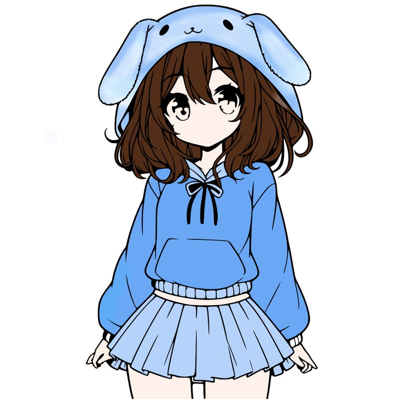 pretty anime girl wearing a fluffy hoodie with bunny ears on the hood and a skirt