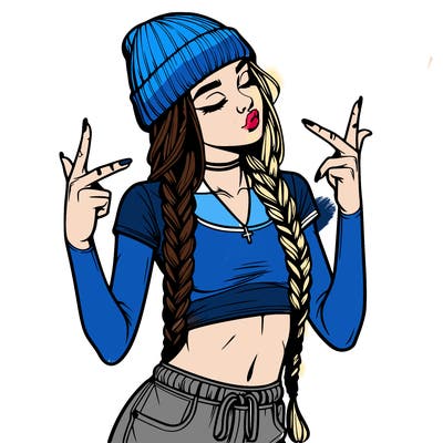 realistic teenage girl with braids and a beanie and crop top doing 🫶🏼