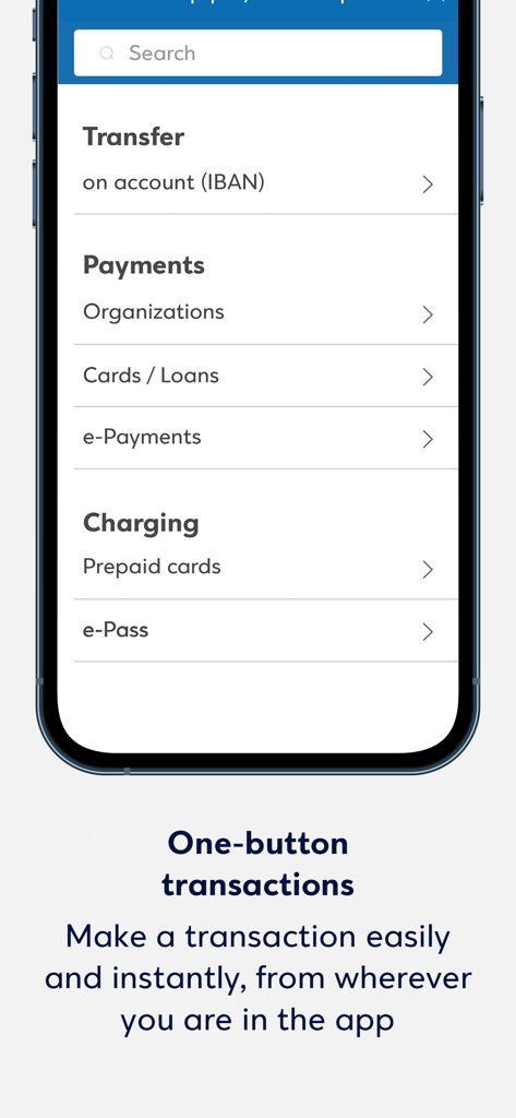 Eurobank Business App interface showing a list of transaction options including transfers, payments, and card charging.