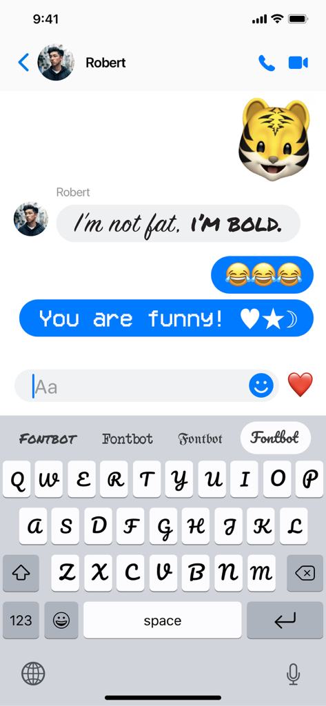 Fonts Air - Font keyboard - Schermata dell'iPhone che mostra una conversazione in chat con vari font eleganti e l'interfaccia della tastiera con font Fonts Air