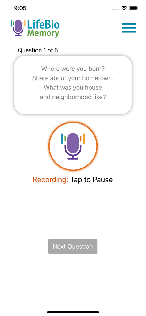 LifeBio Memory app screen showing a voice recording interface with a question about hometown and birthplace