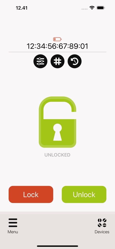 Danalock - Danalock app interface showing a green open padlock and control buttons to lock or unlock the smart device