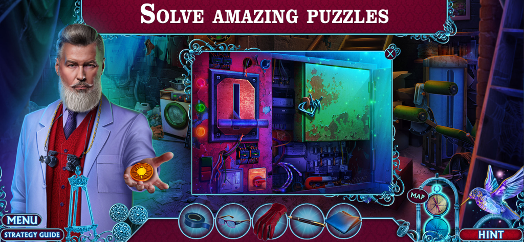 Fairy Godmother: Cinderella - A man with a white beard stands next to a mechanical puzzle window in a hidden object game