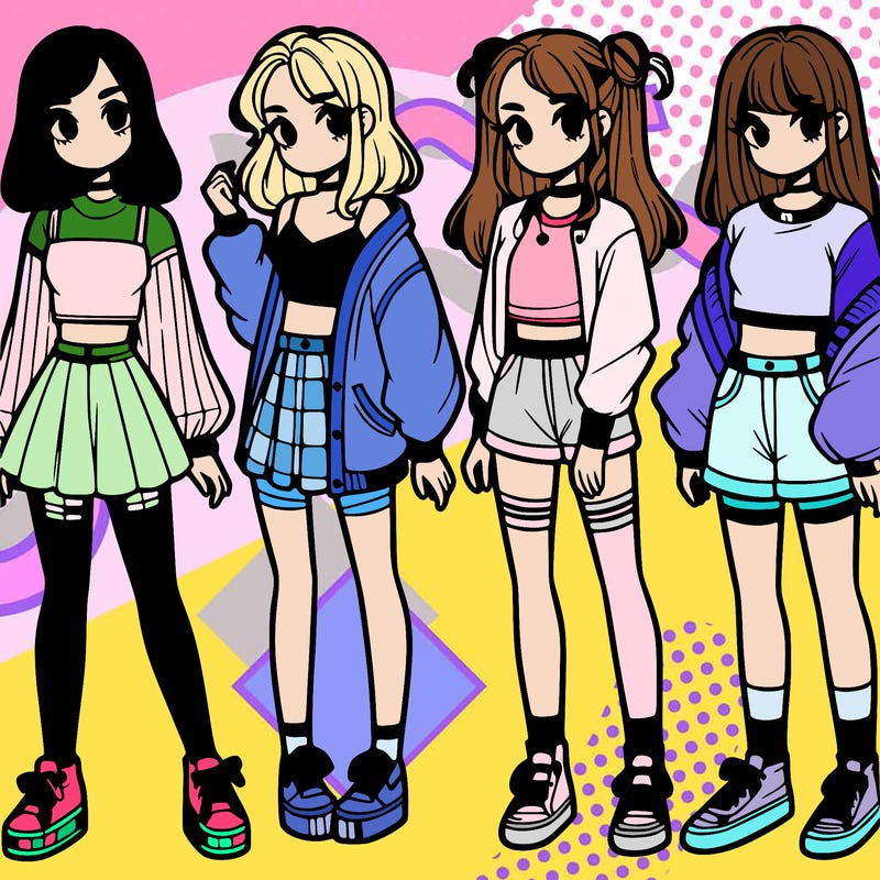 one girl with crop-top shirt and a jacket with a skirt, long socks and another girl with a shirt and pants with a jacket