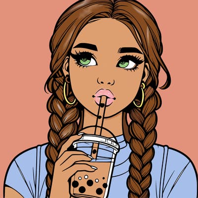 realistic girl with braided hair drinking boba