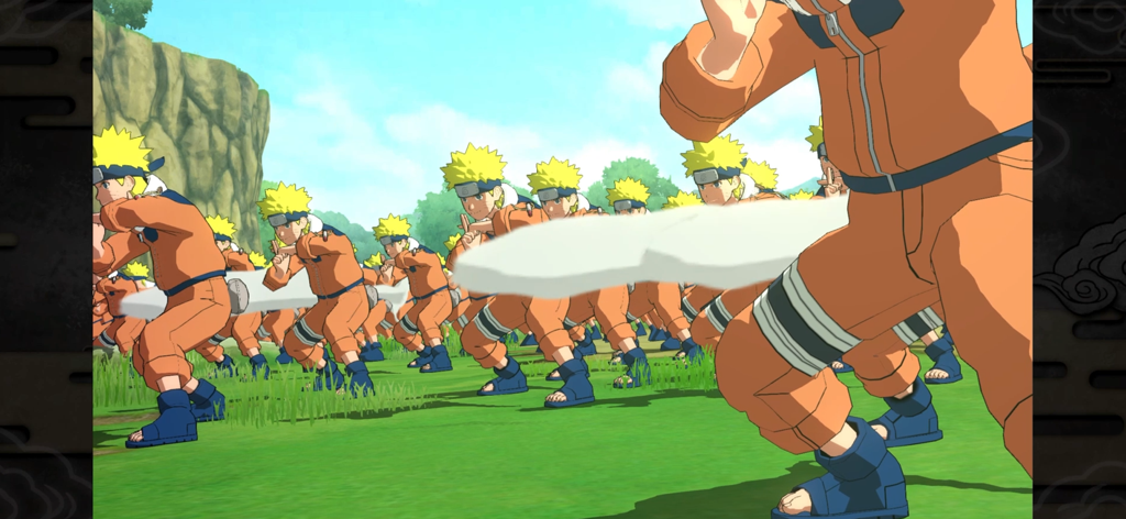 Naruto Uzumaki usando seu Jutsu Clone das Sombras em um campo de batalha 3D