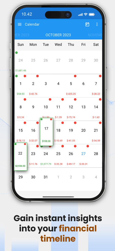 Fast Budget - Expense Manager - Fast Budget app calendar view showing daily income and expenses for financial tracking.