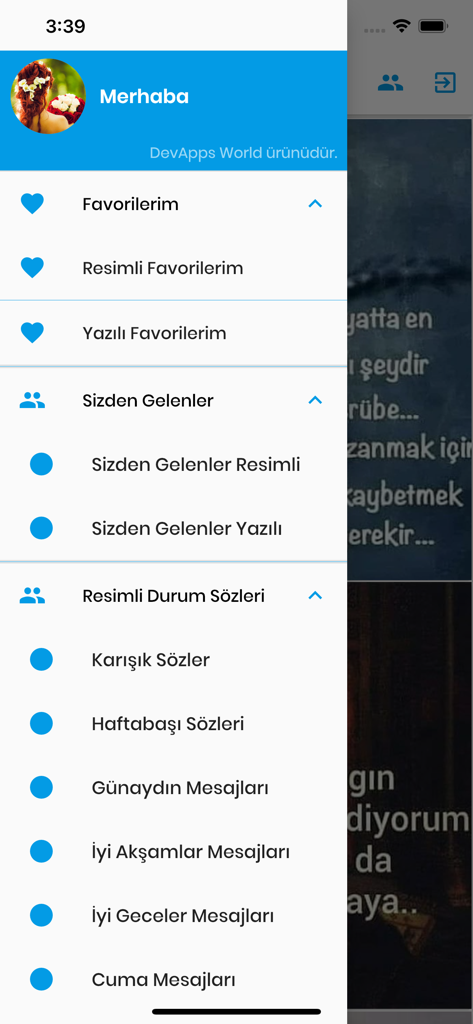 Seitennavigationsmenü der Durum Sozleri App mit türkischen Zitatkategorien wie Freitagsnachrichten und tägliche Grüße.