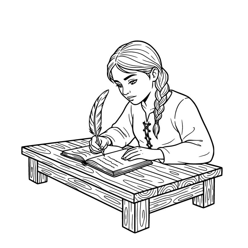 a realistic medivel girl at a wooden desk, writing with a feather in a brown notebook
