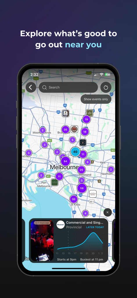 LINES Your Go-To For Going Out - LINES app map interface showing nightlife hotspots and crowd density markers in Melbourne.
