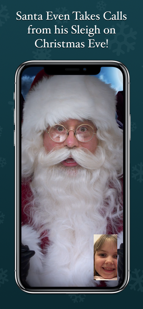 Speak to Santa™ Christmas Call - A smartphone screen displaying a simulated video call between Santa Claus and a smiling young girl.