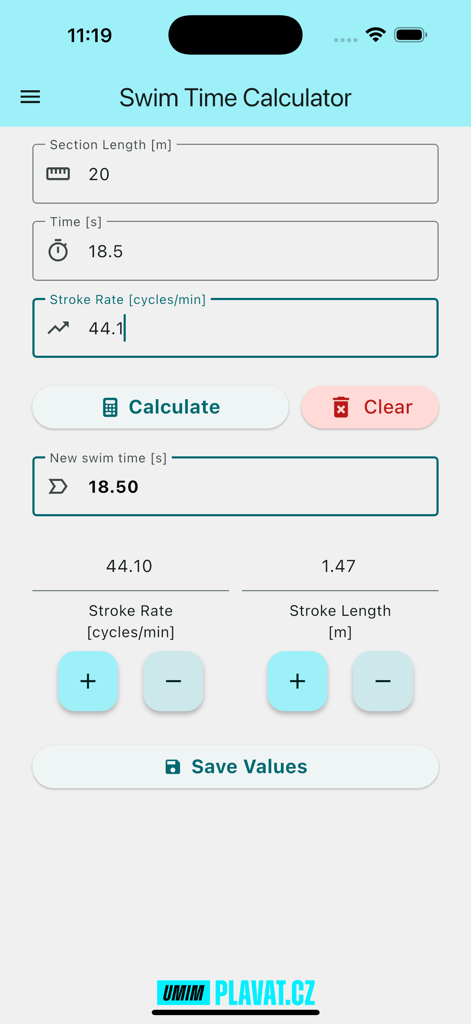 Swim Time Calculator - Interfaz de la Calculadora de Tiempo de Natación para el análisis de la cadencia y longitud de brazada
