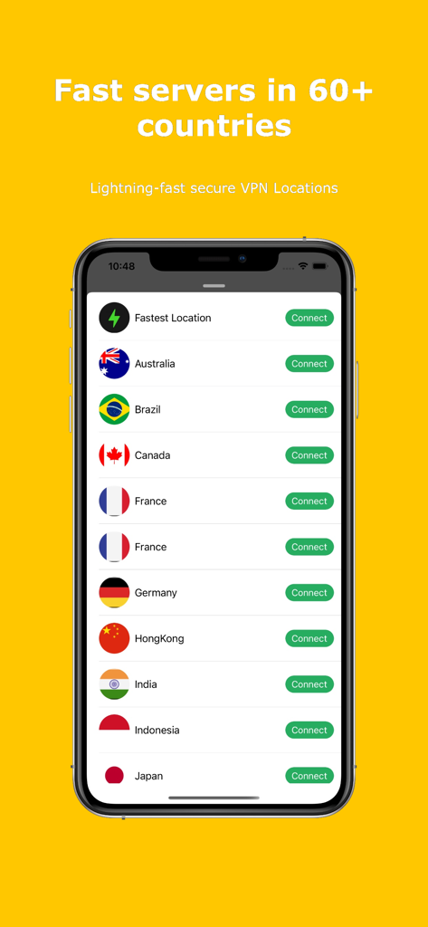 Yoga VPN app screen showing a list of fast server locations in over sixty countries with connect buttons