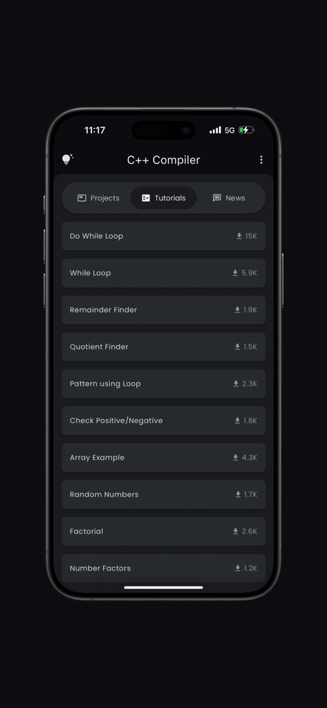 C++ Compiler app showing a list of coding tutorials including loops, arrays, and factorials