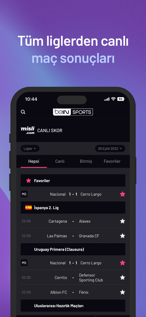 Interfaz de la aplicación beIN SPORTS TR mostrando marcadores en vivo y resultados de partidos de ligas de fútbol internacionales