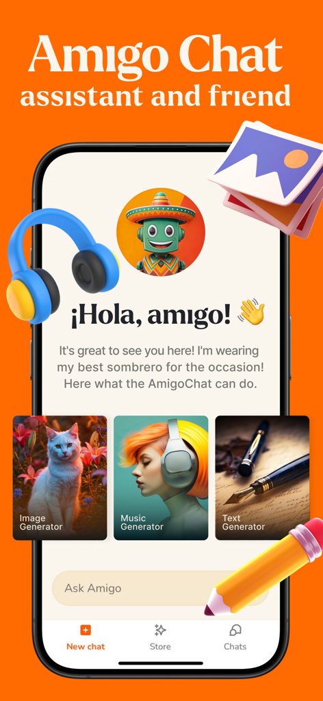 Amigo Chat - AI GPT assistant - Amigo Chat app home screen featuring AI image music and text generation tools