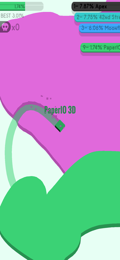 3D PaperIO - Pie battle ground - Gameplay of 3D PaperIO showing a green player capturing pink territory with a leaderboard