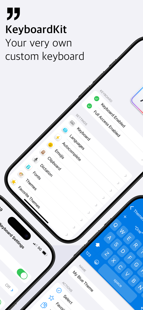 KeyboardKit - Interfaz de la aplicación KeyboardKit que muestra el menú de configuración y un tema de teclado azul personalizado en iPhone