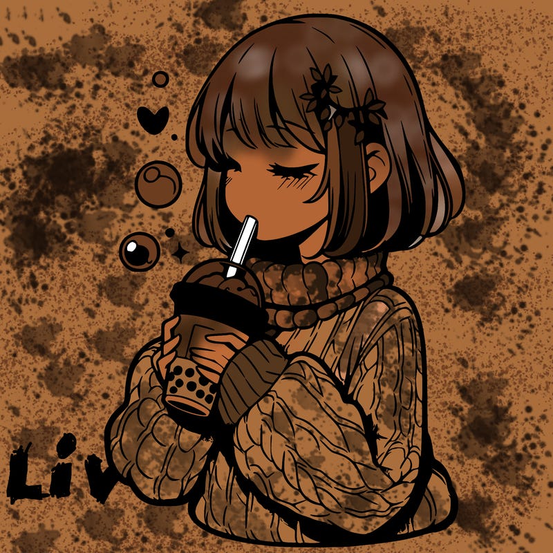 manga girl drinking boba in cozy sweater