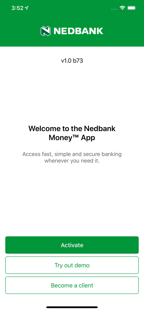 Nedbank Money (Africa) - Welcome screen of the Nedbank Money Africa banking app showing activation and demo options