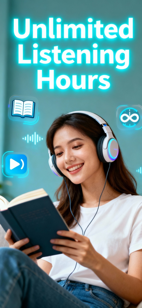 TTS Reader Pro Read Text Aloud - A woman wearing headphones while reading a book illustrating unlimited listening hours for text to speech