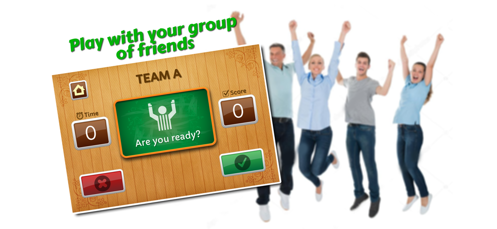 Un grupo de amigos sonrientes saltando en el aire junto a la interfaz del juego móvil Charades.