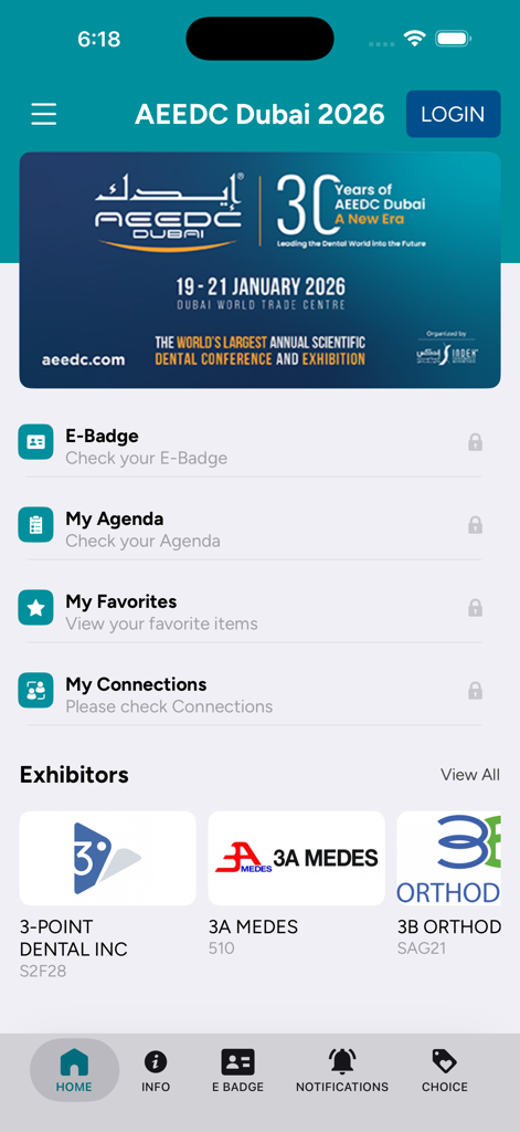 AEEDC 2026 - AEEDC Dubai 2026 dental conference mobile app home screen showing event details and exhibitor list