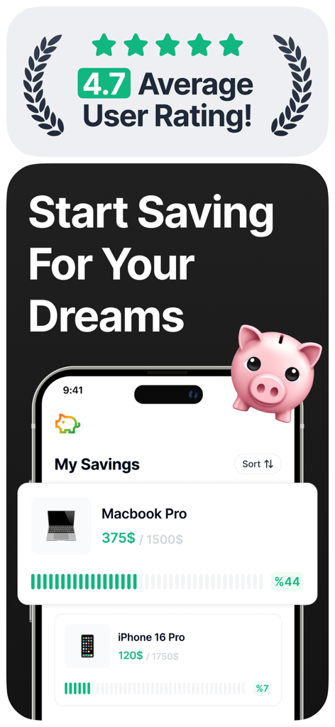 Piggy Bank - Mani - Interfaccia dell'app Piggy Bank Mani che mostra obiettivi di risparmio per un Macbook Pro e iPhone con barre di progresso