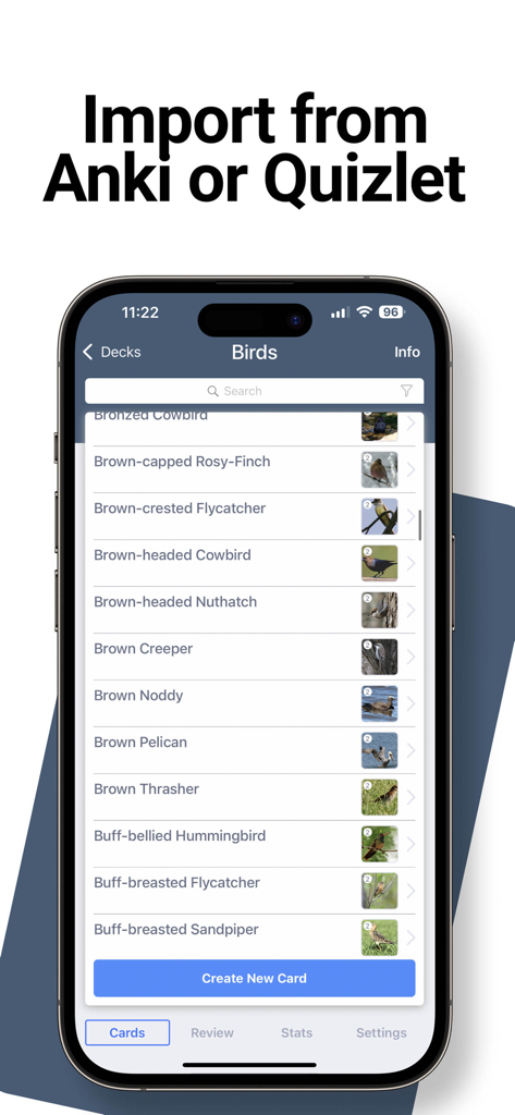 SmartCards plus 앱 내에서 새 플래시카드 목록을 보여주는 iPhone. Anki 또는 Quizlet에서 가져오기 기능 강조