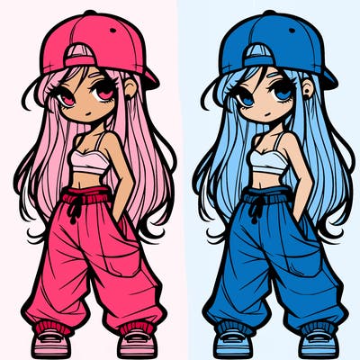 girl in baggy pants crop top and long hair