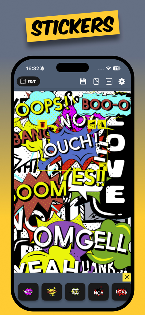 Comics AI - Interfaz de la aplicación Comics AI mostrando varias pegatinas de palabras estilo cómic como Ouch y Boom